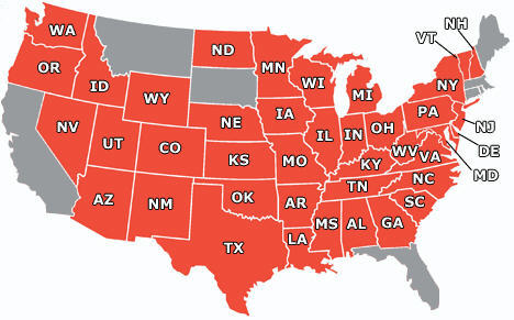 Stevens Transport in Alabama, Arizona, Arkansas,Colorado, Connecticut, Delaware, Georgia, Idaho, Illinois, Indiana, Iowa, Kansas, Kentucky, Louisiana, Maryland, Massachusetts, Michigan, Minnesota, Mississippi, Missouri, Nebraska, Nevada, New Hampshire, New Jersey, New Mexico, New York, North Carolina, North Dakota, Ohio, Oklahoma, Oregon, Pennsylvania, Rhode Island, South Carolina, Tennessee, Texas, Utah, Vermont, Virginia, Washington, West Virginia, Wisconsin, Wyoming.