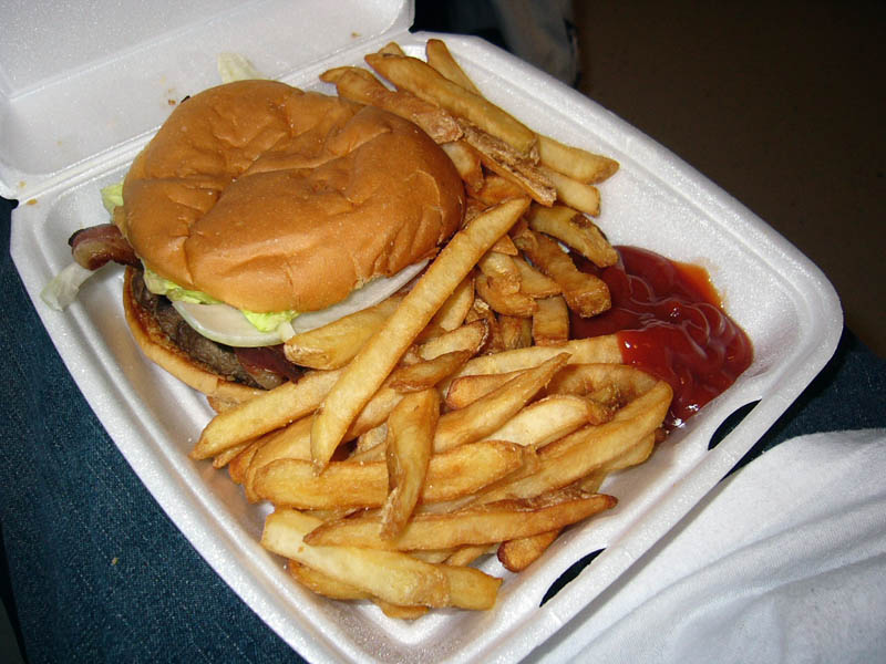 Burgers and french fries in Styrofoam