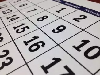 Calendar showing days of the week