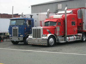 Two trucks - red and blue