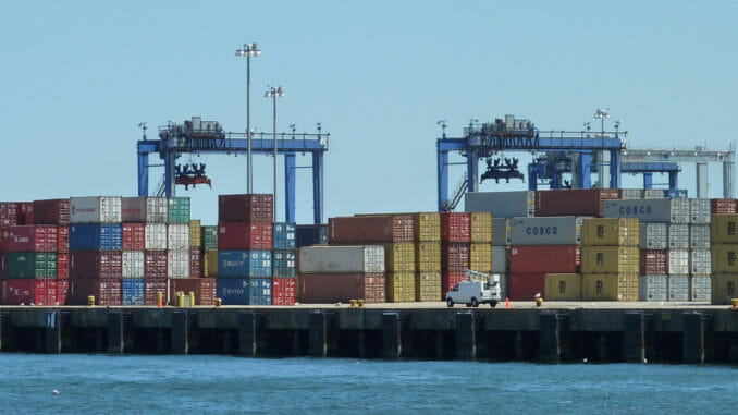 Seaports like these require TWIC cards Seaport with many shipping containers