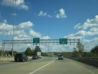 Highway in Virginia below a blue sky